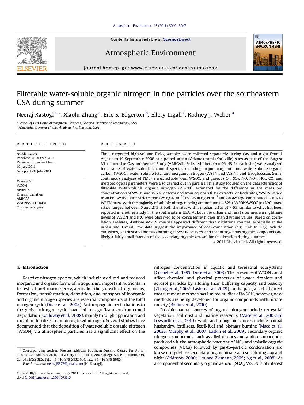 Filterable water-soluble organic nitrogen in fine particles over the southeastern USA during summer