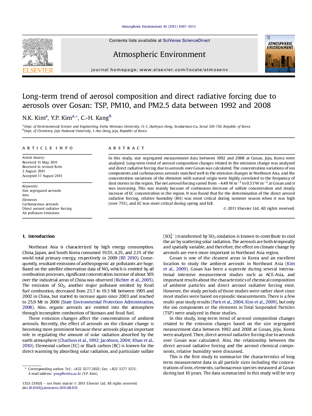 Long-term trend of aerosol composition and direct radiative forcing due to aerosols over Gosan: TSP, PM10, and PM2.5 data between 1992 and 2008