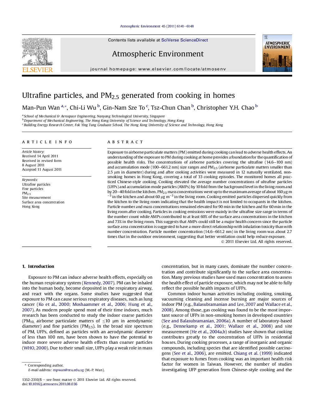 Ultrafine particles, and PM2.5 generated from cooking in homes