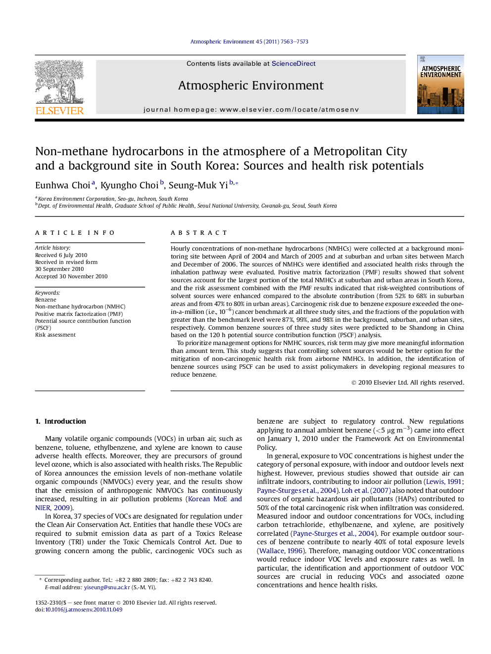 Non-methane hydrocarbons in the atmosphere of a Metropolitan City and a background site in South Korea: Sources and health risk potentials