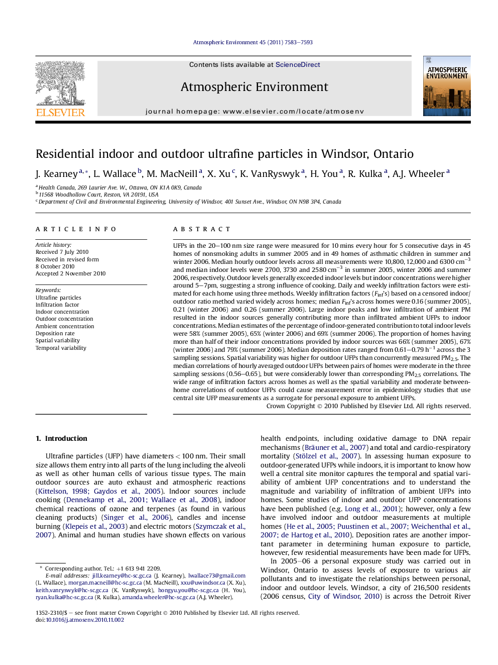 Residential indoor and outdoor ultrafine particles in Windsor, Ontario