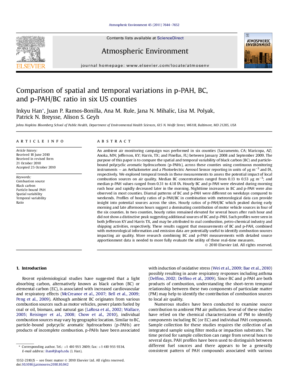 Comparison of spatial and temporal variations in p-PAH, BC, and p-PAH/BC ratio in six US counties