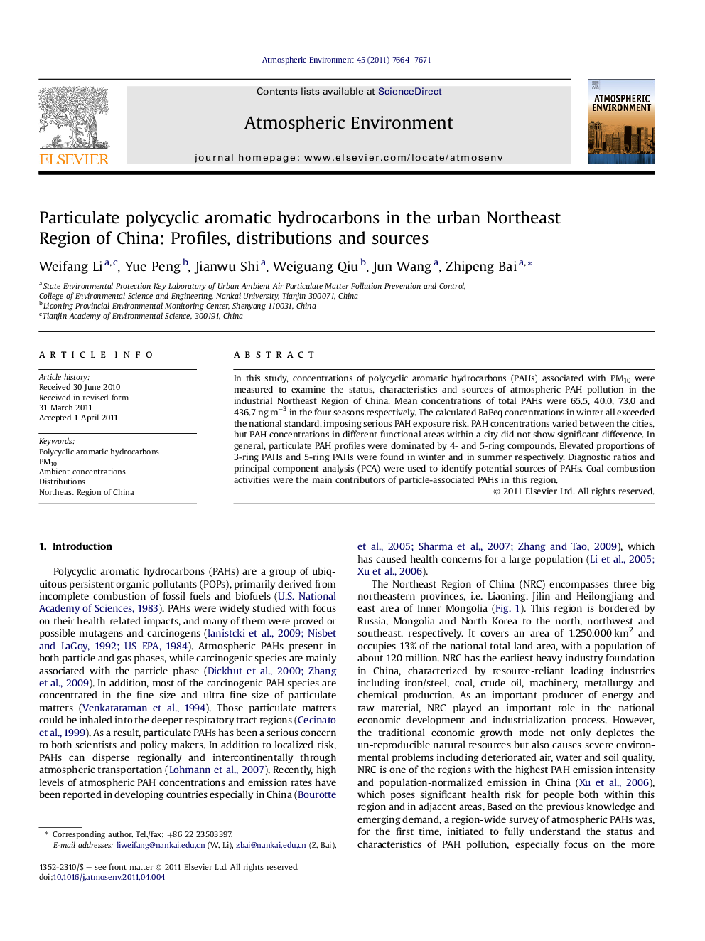 Particulate polycyclic aromatic hydrocarbons in the urban Northeast Region of China: Profiles, distributions and sources