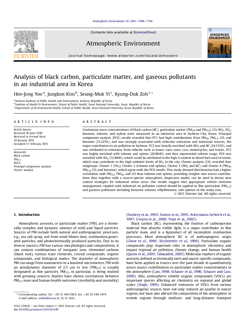 Analysis of black carbon, particulate matter, and gaseous pollutants in an industrial area in Korea