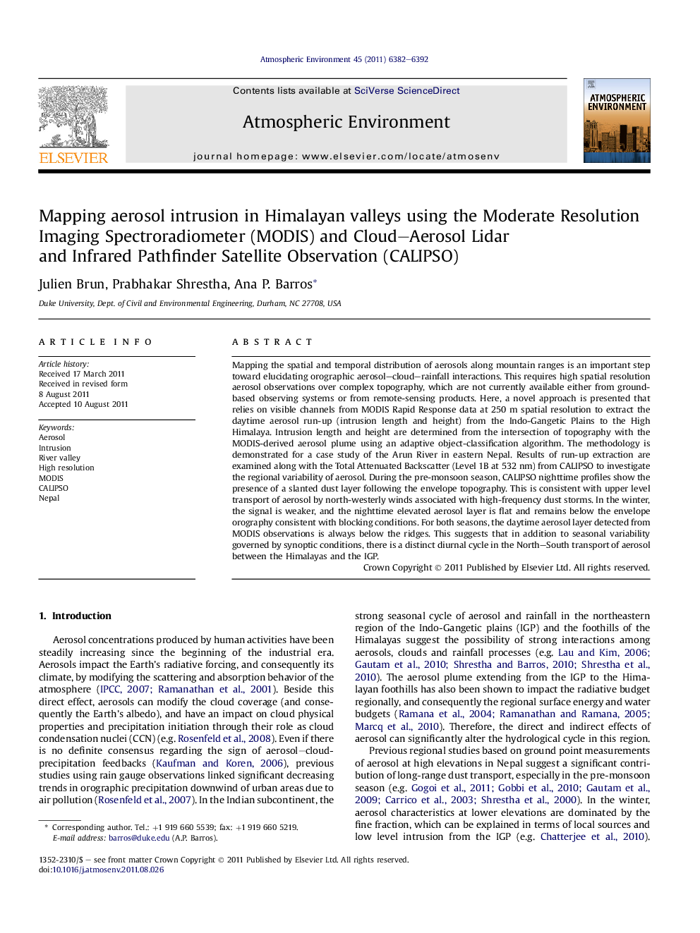 Mapping aerosol intrusion in Himalayan valleys using the Moderate Resolution Imaging Spectroradiometer (MODIS) and Cloud–Aerosol Lidar and Infrared Pathfinder Satellite Observation (CALIPSO)