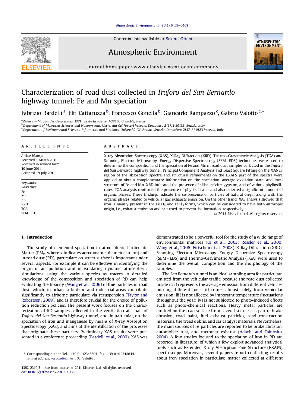 Characterization of road dust collected in Traforo del San Bernardo highway tunnel: Fe and Mn speciation