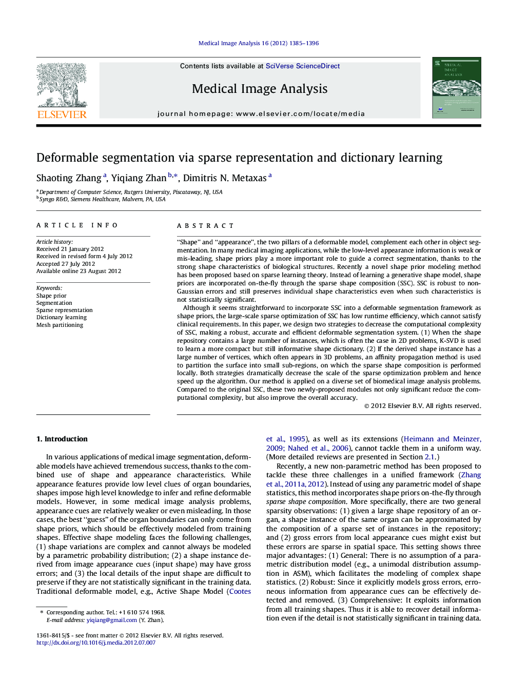 Deformable segmentation via sparse representation and dictionary learning