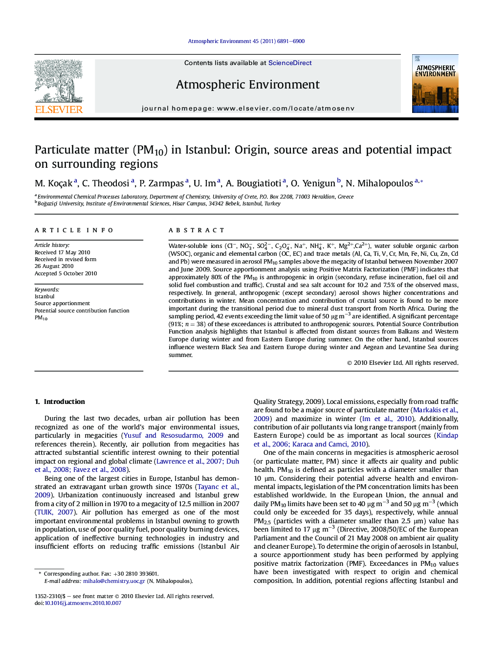 Particulate matter (PM10) in Istanbul: Origin, source areas and potential impact on surrounding regions