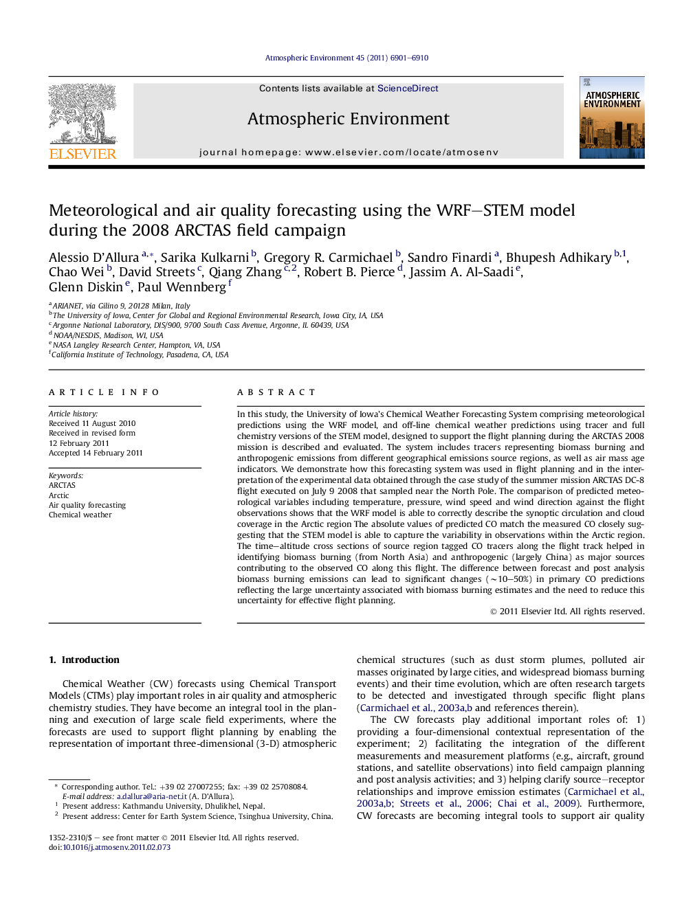 Meteorological and air quality forecasting using the WRF–STEM model during the 2008 ARCTAS field campaign