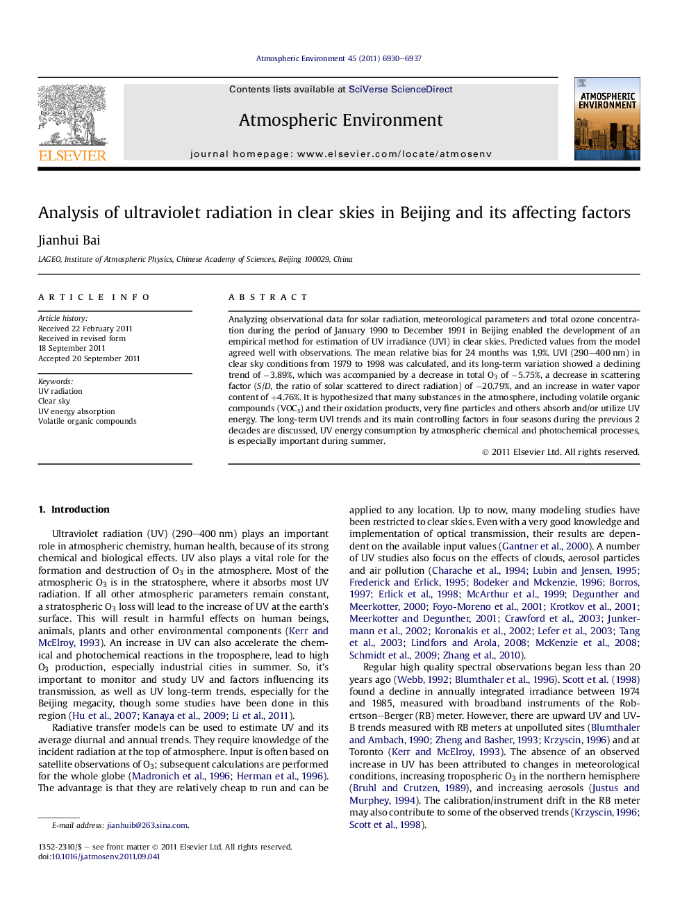 Analysis of ultraviolet radiation in clear skies in Beijing and its affecting factors