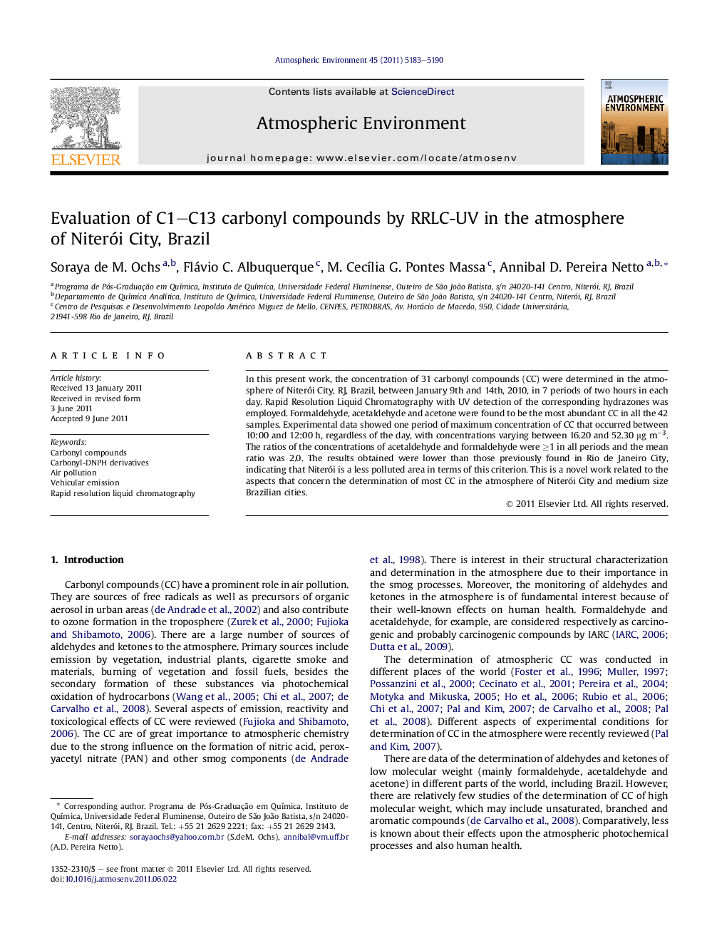 Evaluation of C1–C13 carbonyl compounds by RRLC-UV in the atmosphere of Niterói City, Brazil