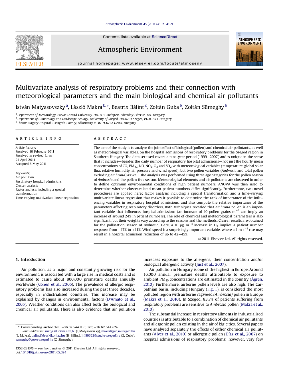 Multivariate analysis of respiratory problems and their connection with meteorological parameters and the main biological and chemical air pollutants