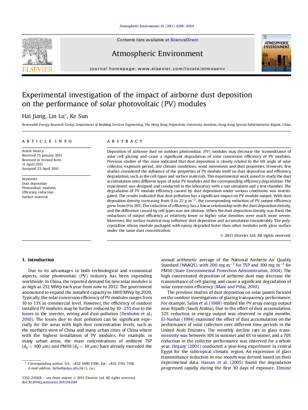 Experimental investigation of the impact of airborne dust deposition on the performance of solar photovoltaic (PV) modules