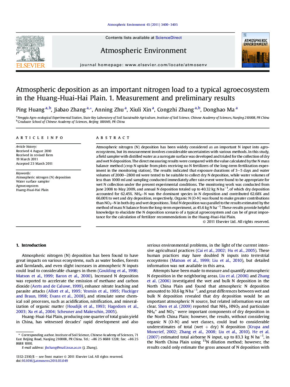 Atmospheric deposition as an important nitrogen load to a typical agroecosystem in the Huang-Huai-Hai Plain. 1. Measurement and preliminary results