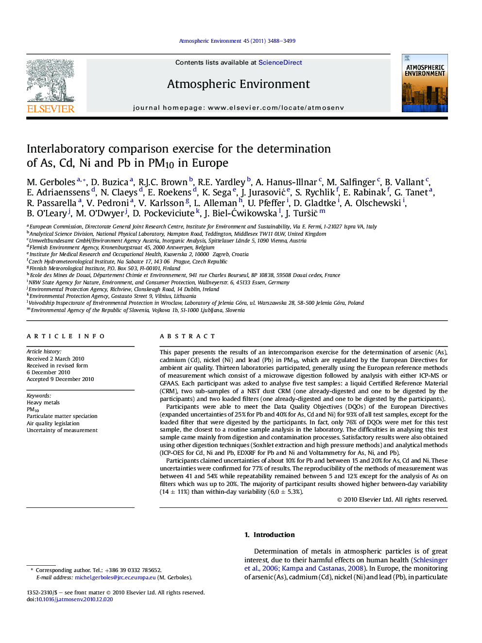 Interlaboratory comparison exercise for the determination of As, Cd, Ni and Pb in PM10 in Europe