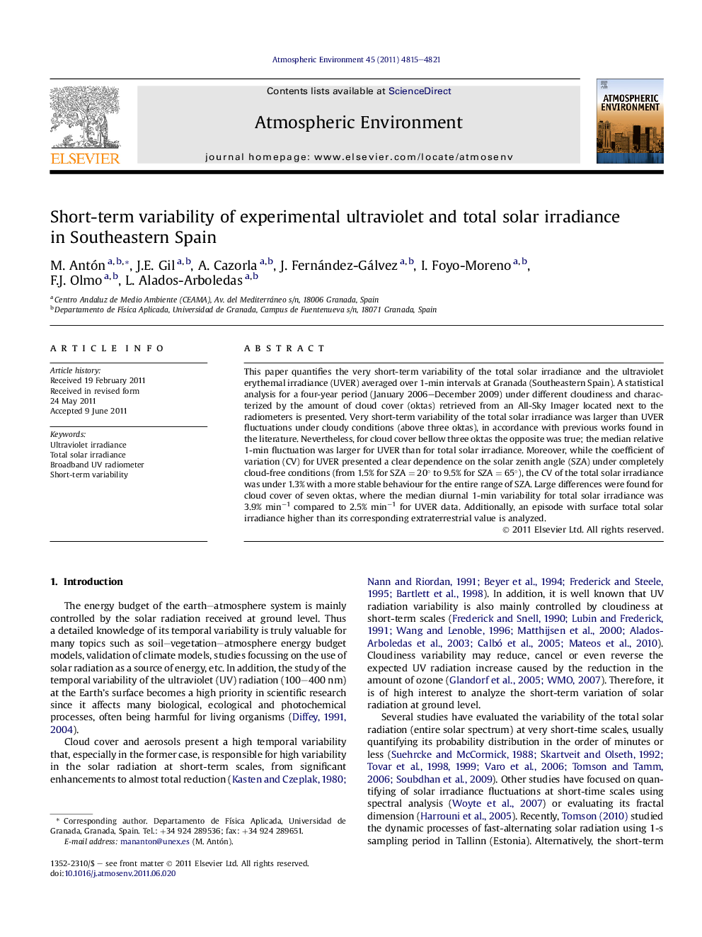 Short-term variability of experimental ultraviolet and total solar irradiance in Southeastern Spain