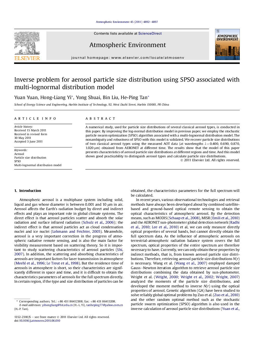 Inverse problem for aerosol particle size distribution using SPSO associated with multi-lognormal distribution model