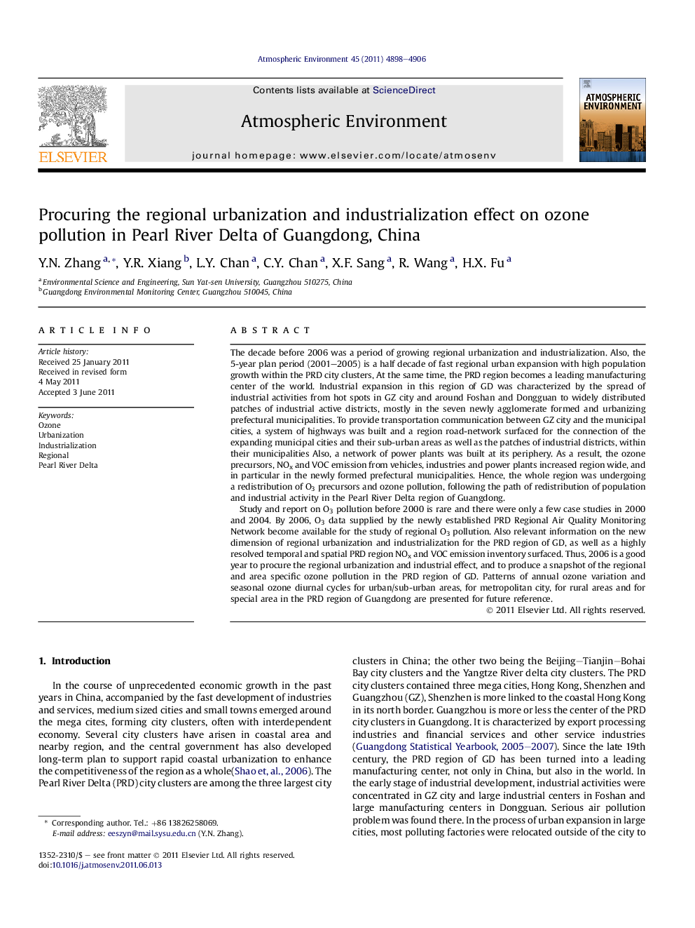 عکس صفحه اول مقاله: Procuring the regional urbanization and industrialization effect on ozone pollution in Pearl River Delta of Guangdong, China Procuring the regional urbanization and industrialization effect on ozone pollution in Pearl River Delta of Guangdong, China