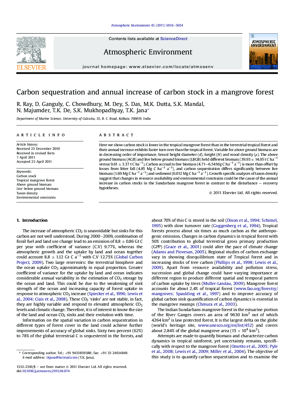 Carbon sequestration and annual increase of carbon stock in a mangrove forest