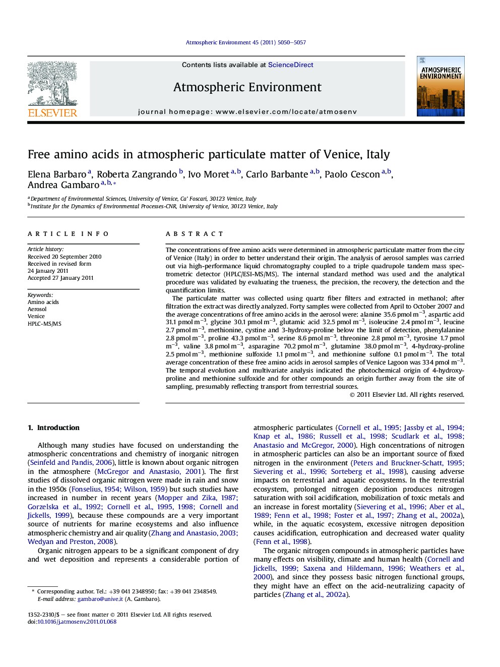 Free amino acids in atmospheric particulate matter of Venice, Italy