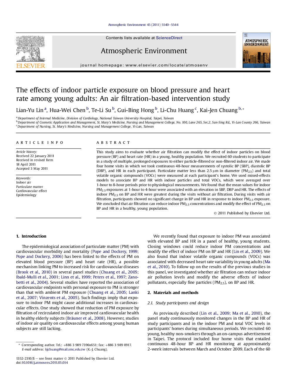 The effects of indoor particle exposure on blood pressure and heart rate among young adults: An air filtration-based intervention study