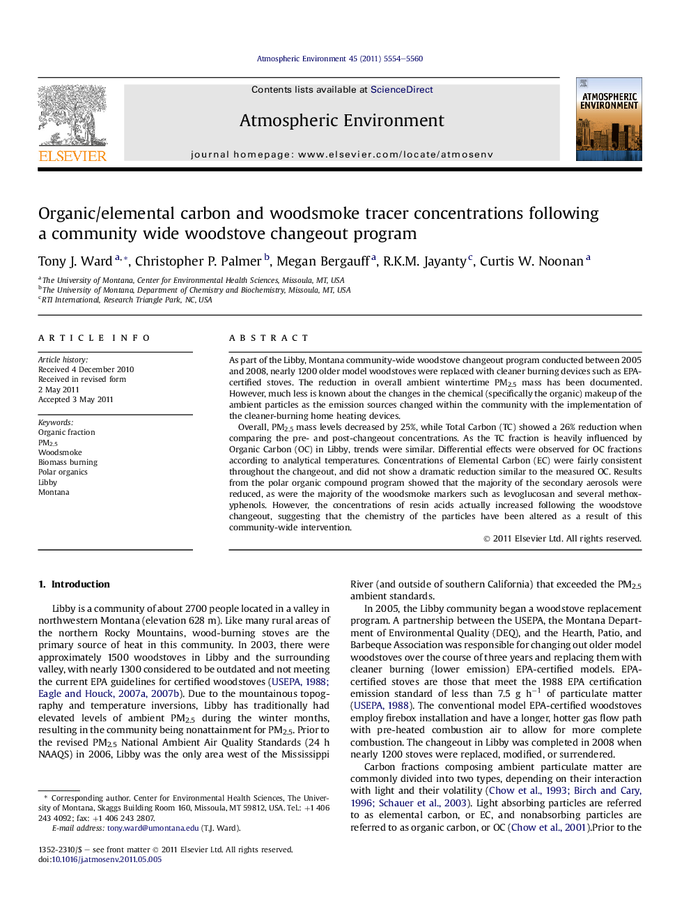 Organic/elemental carbon and woodsmoke tracer concentrations following a community wide woodstove changeout program