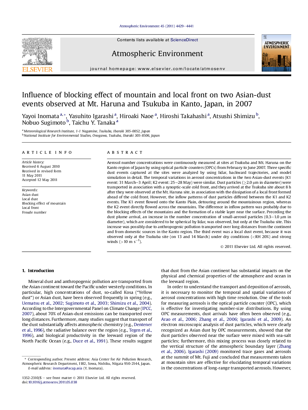 Influence of blocking effect of mountain and local front on two Asian-dust events observed at Mt. Haruna and Tsukuba in Kanto, Japan, in 2007