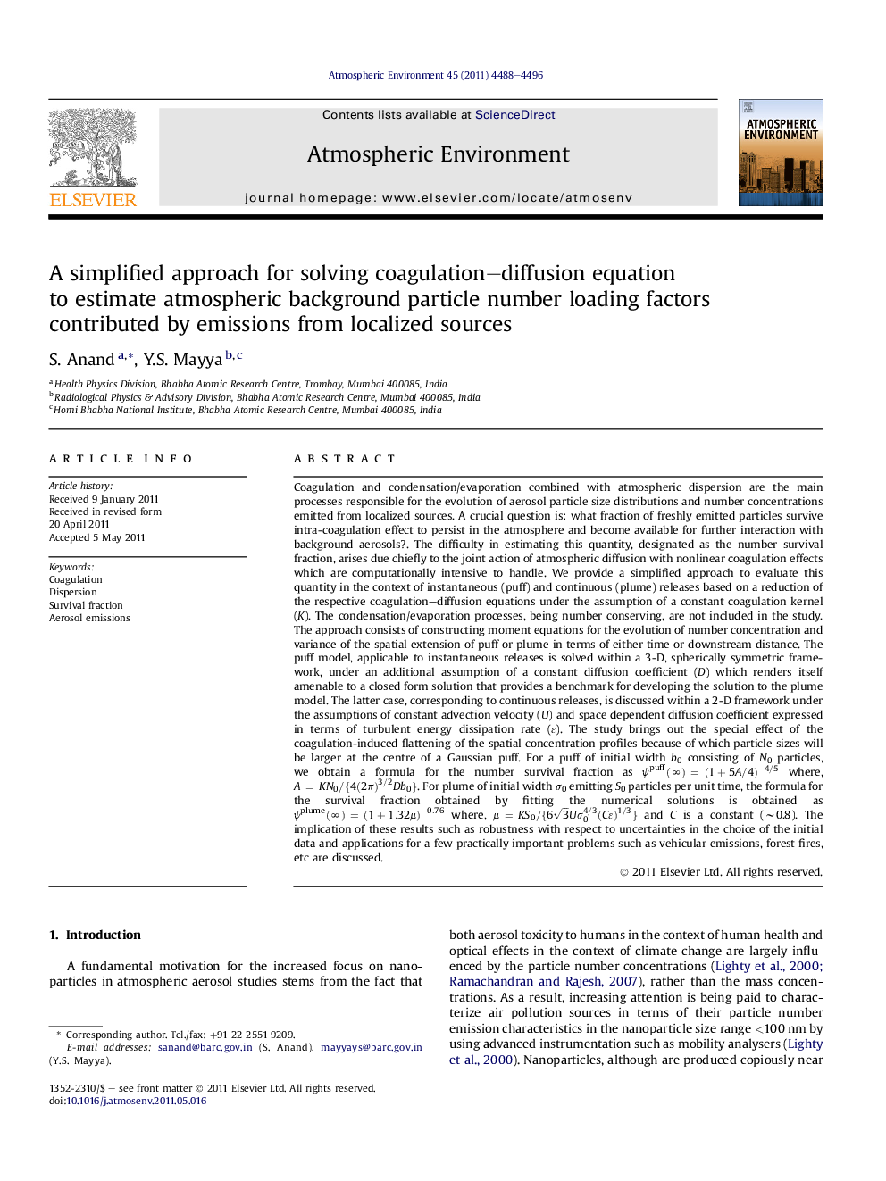 A simplified approach for solving coagulation–diffusion equation to estimate atmospheric background particle number loading factors contributed by emissions from localized sources