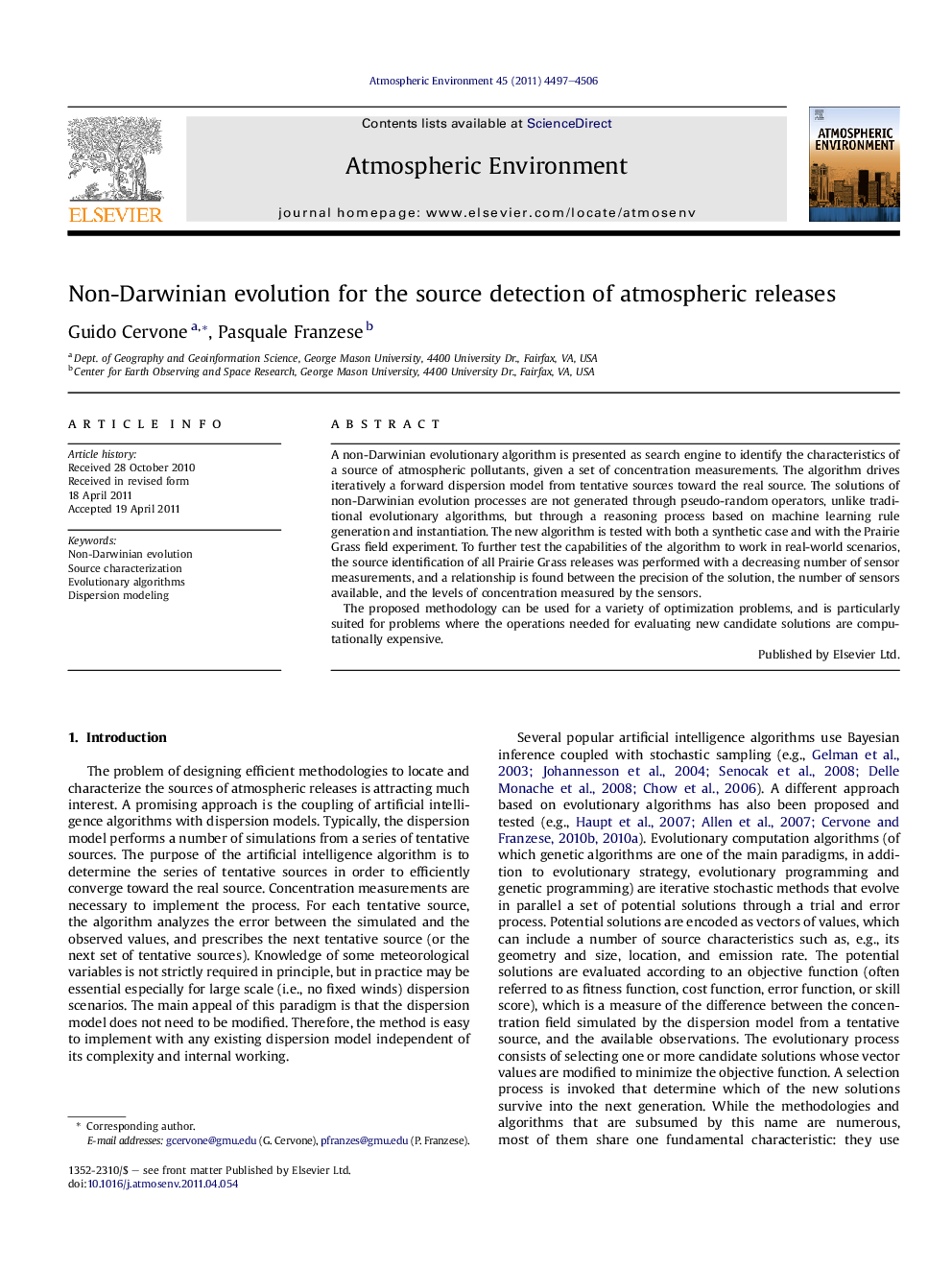 عکس صفحه اول مقاله: Non-Darwinian evolution for the source detection of atmospheric releases Non-Darwinian evolution for the source detection of atmospheric releases