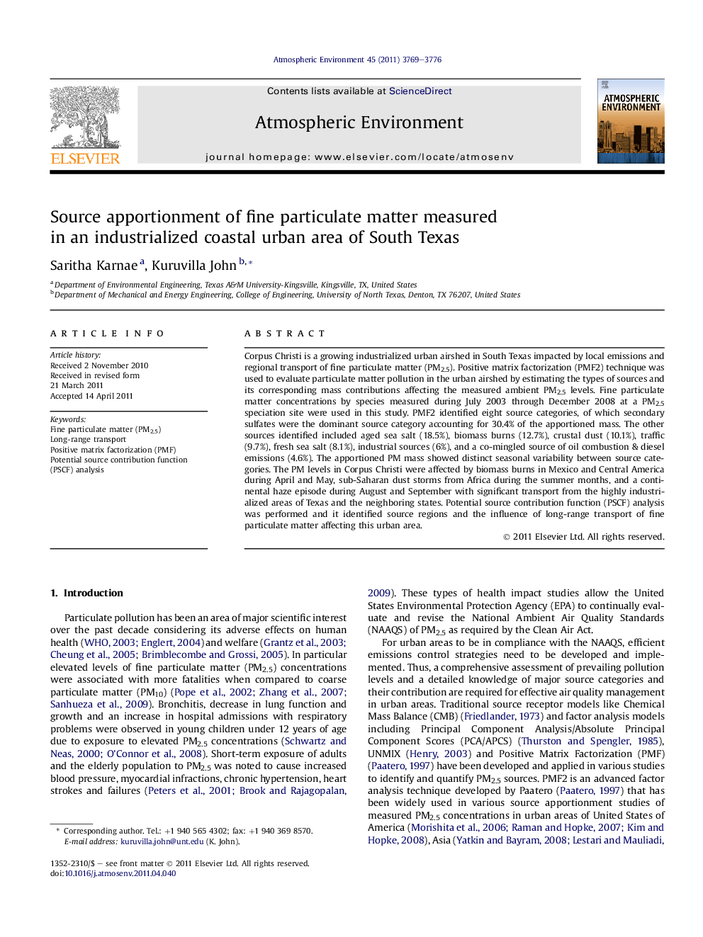 Source apportionment of fine particulate matter measured in an industrialized coastal urban area of South Texas