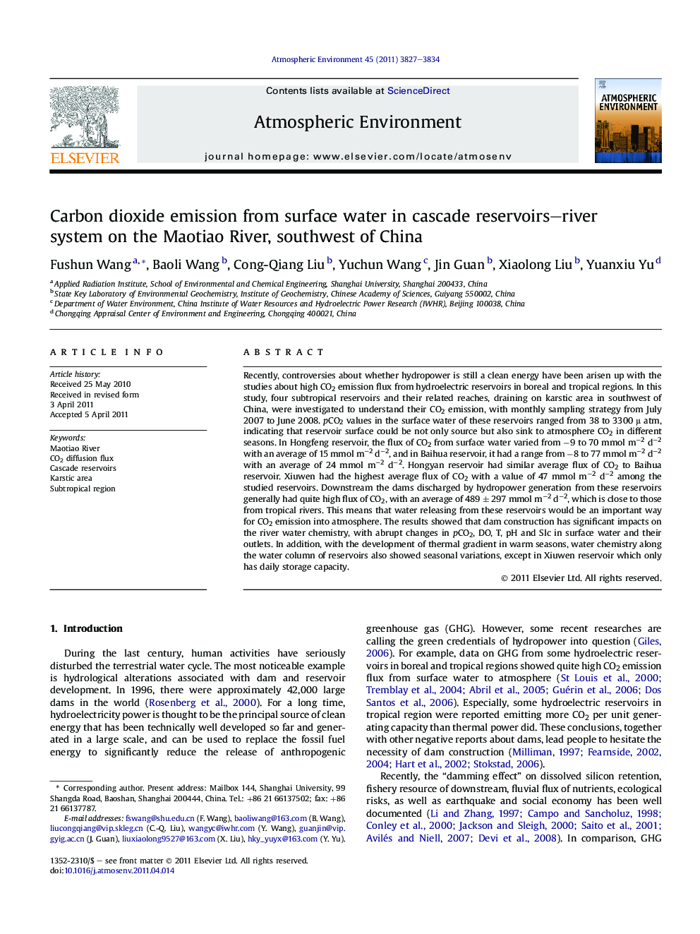 Carbon dioxide emission from surface water in cascade reservoirs–river system on the Maotiao River, southwest of China