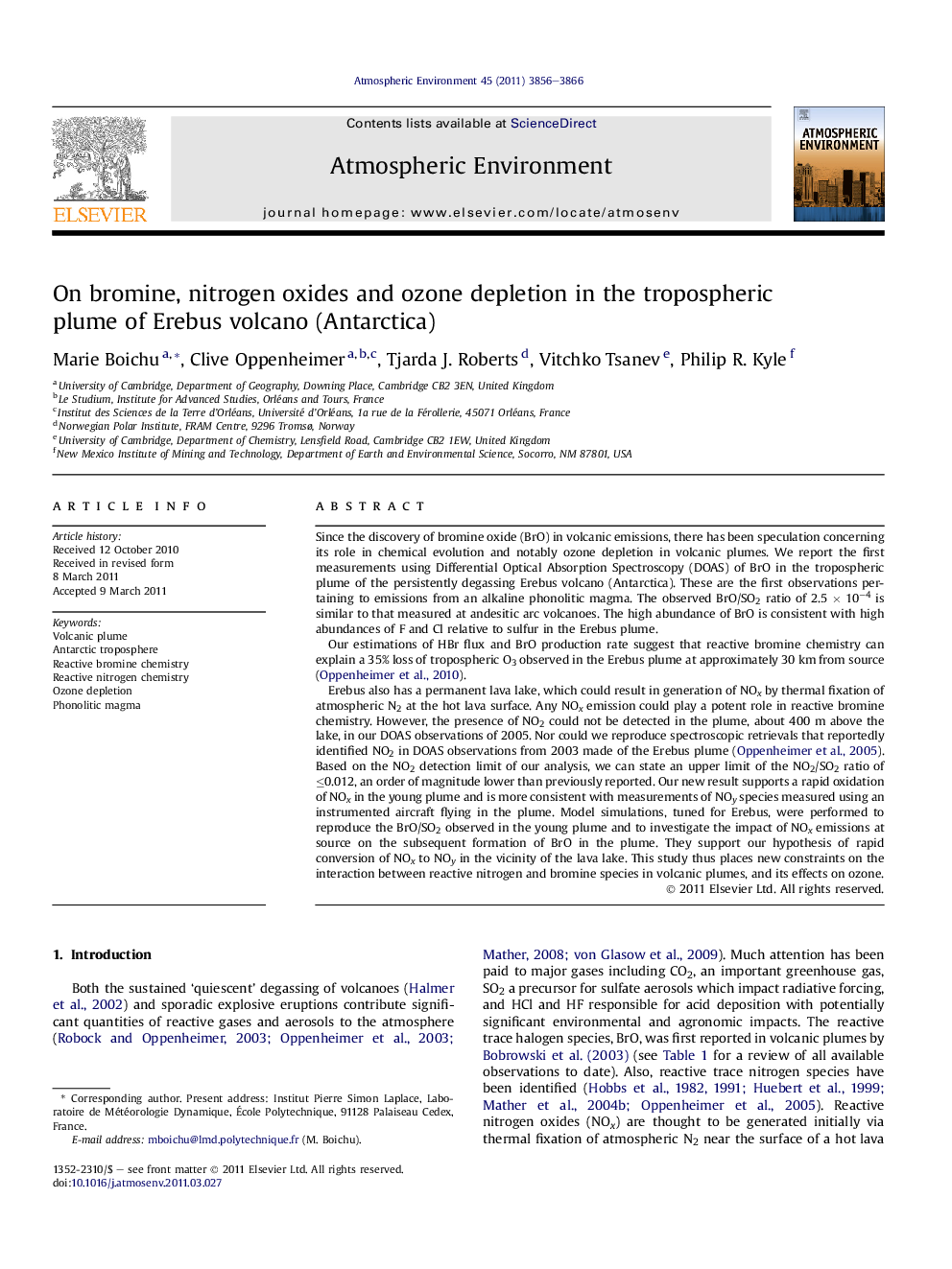 On bromine, nitrogen oxides and ozone depletion in the tropospheric plume of Erebus volcano (Antarctica)