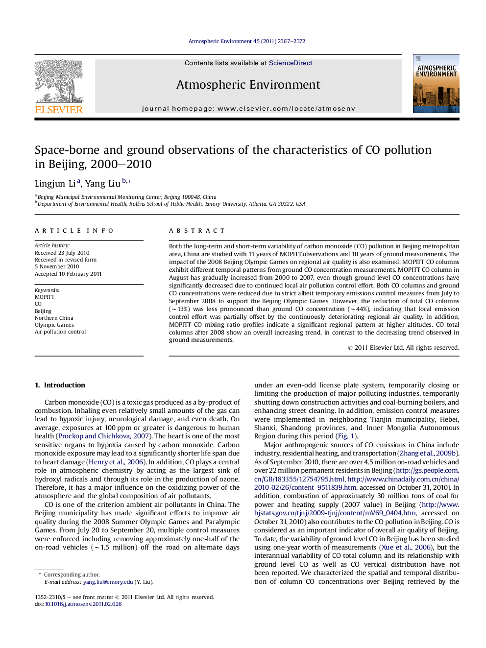 Space-borne and ground observations of the characteristics of CO pollution in Beijing, 2000–2010