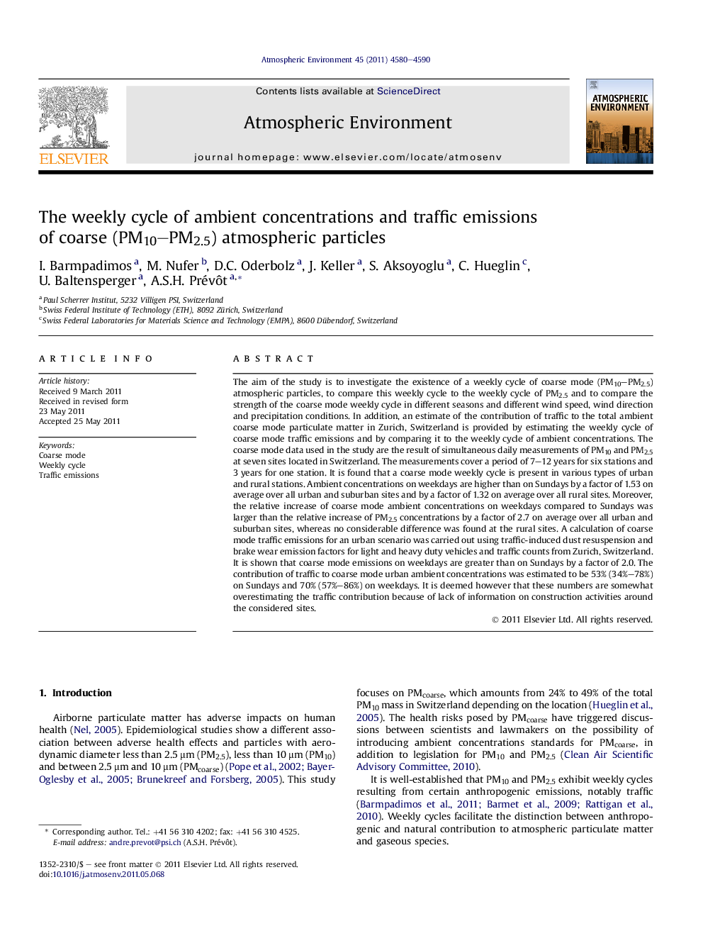 The weekly cycle of ambient concentrations and traffic emissions of coarse (PM10–PM2.5) atmospheric particles