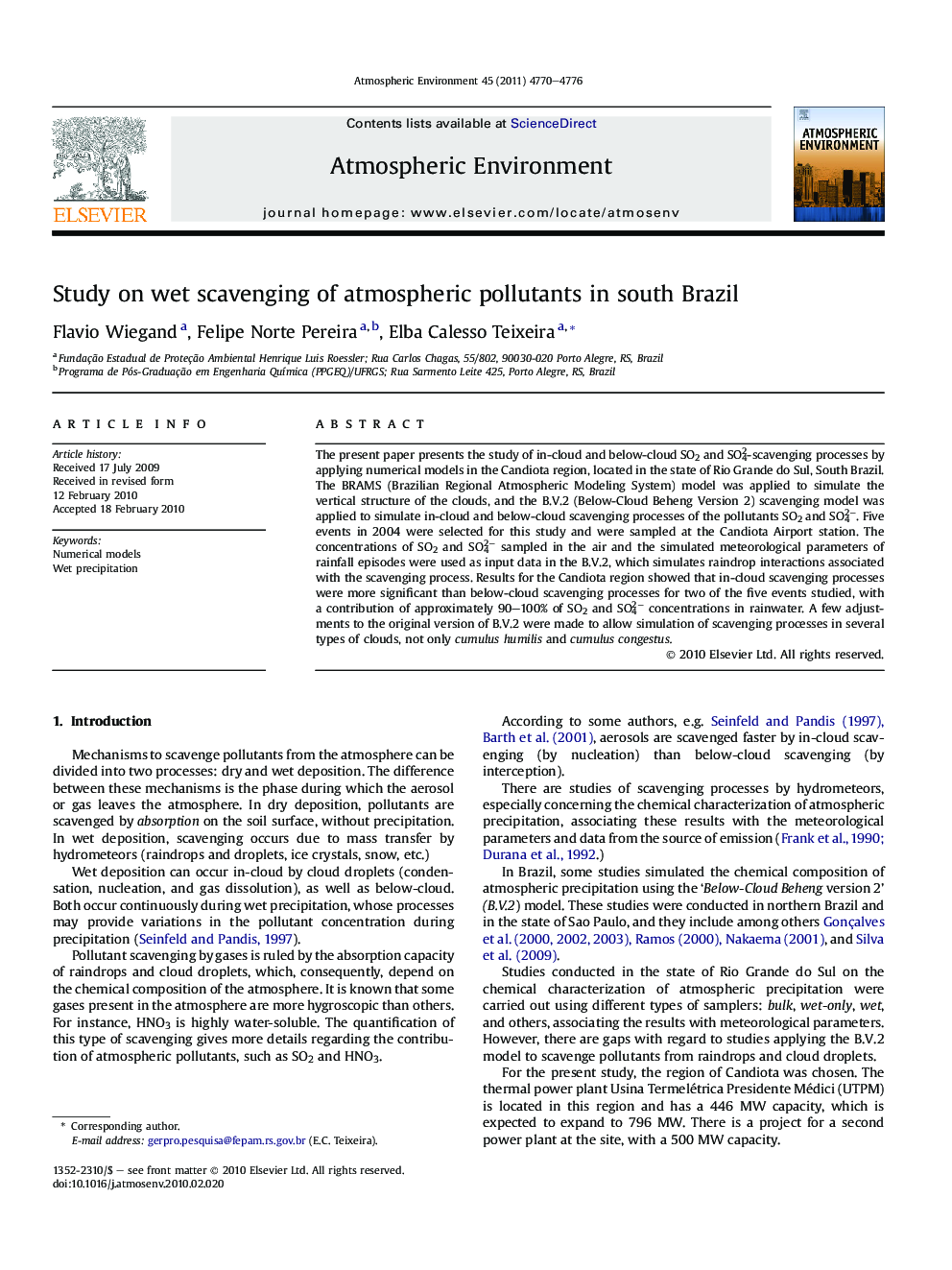 Study on wet scavenging of atmospheric pollutants in south Brazil