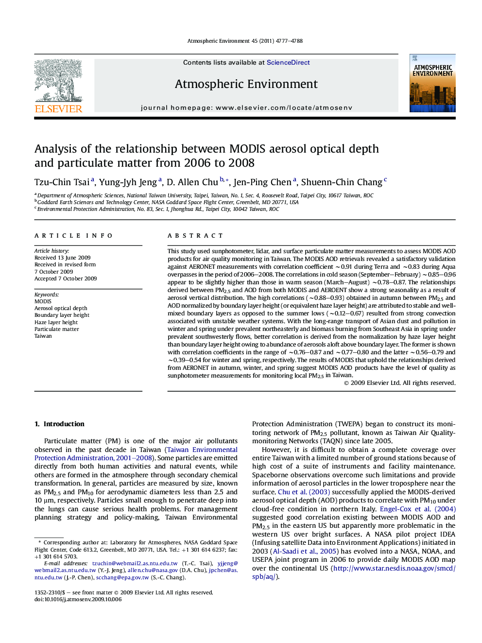 Analysis of the relationship between MODIS aerosol optical depth and particulate matter from 2006 to 2008