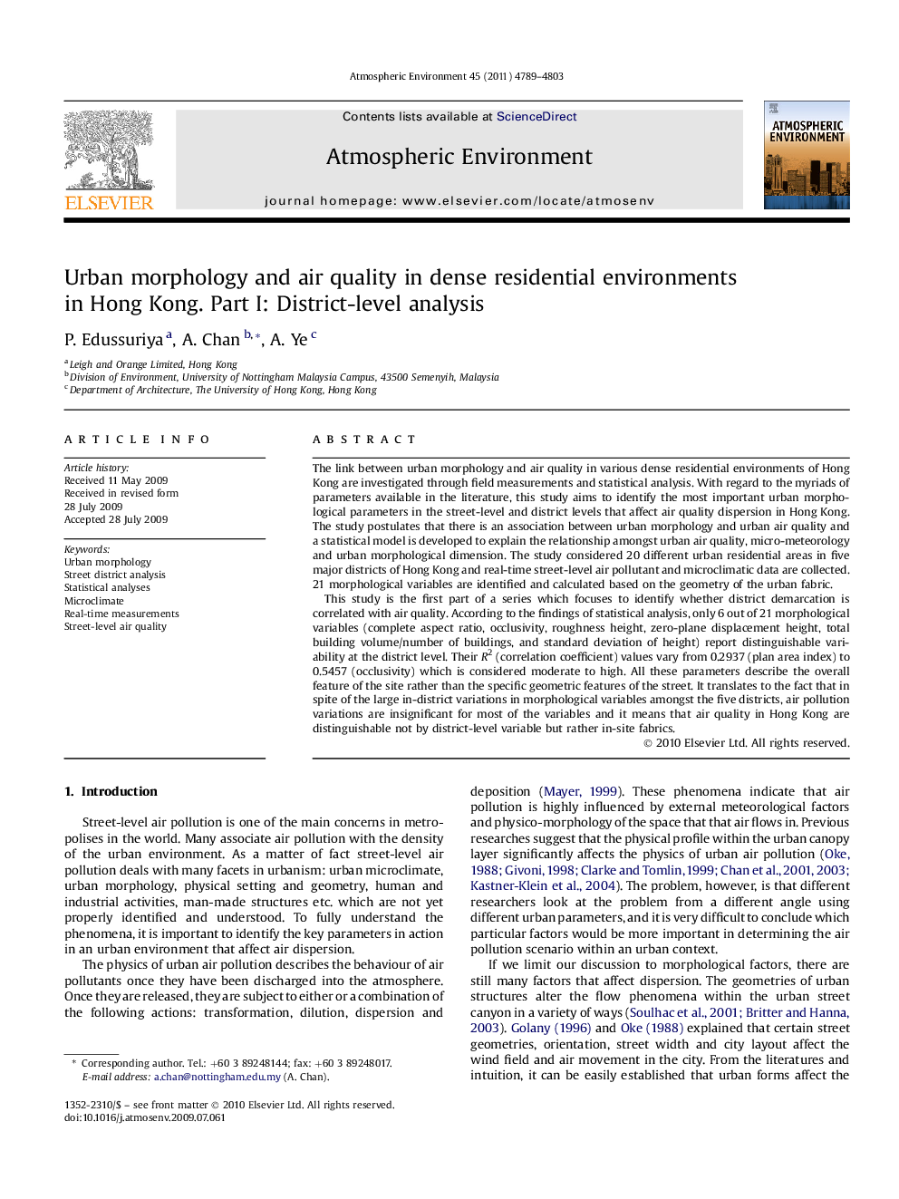 Urban morphology and air quality in dense residential environments in Hong Kong. Part I: District-level analysis