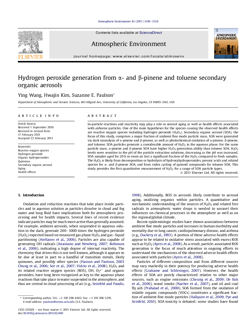 Hydrogen peroxide generation from α- and β-pinene and toluene secondary organic aerosols