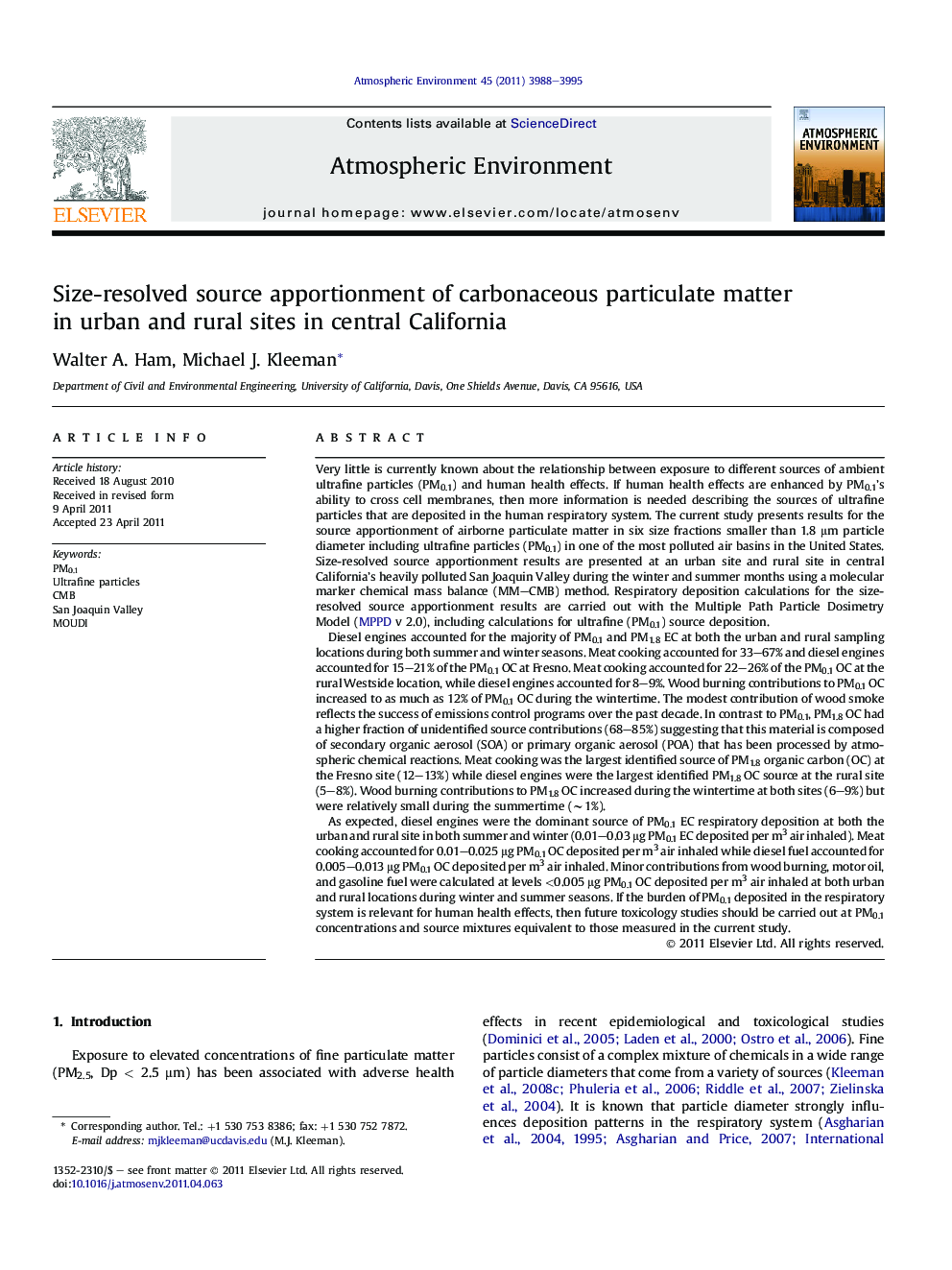 Size-resolved source apportionment of carbonaceous particulate matter in urban and rural sites in central California