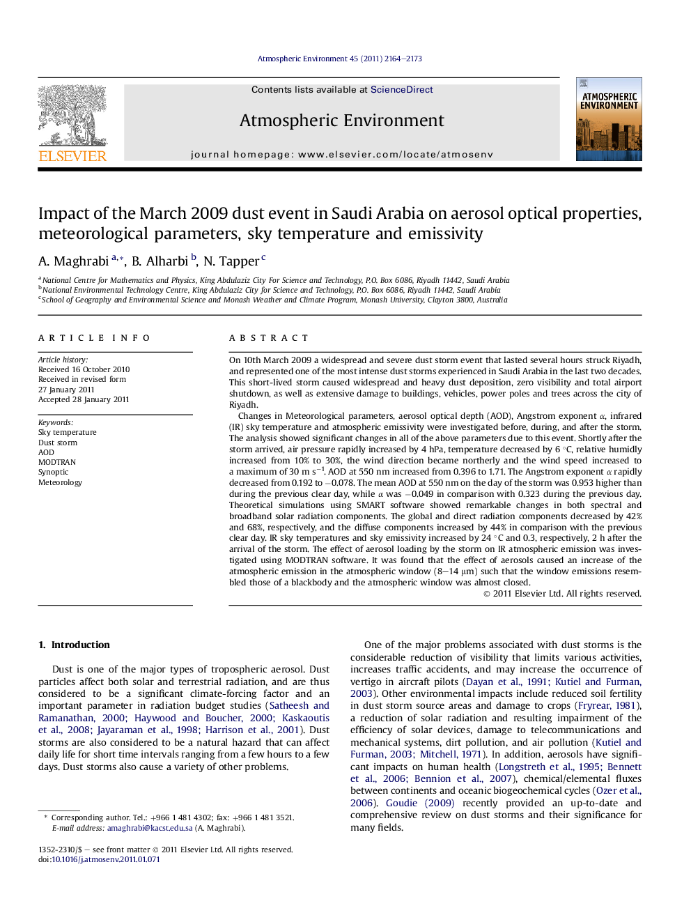 Impact of the March 2009 dust event in Saudi Arabia on aerosol optical properties, meteorological parameters, sky temperature and emissivity