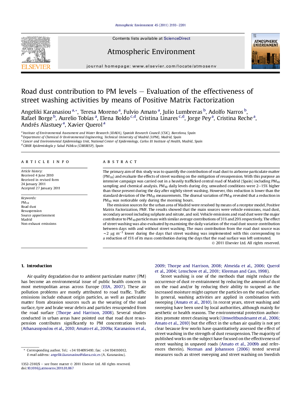 Road dust contribution to PM levels – Evaluation of the effectiveness of street washing activities by means of Positive Matrix Factorization