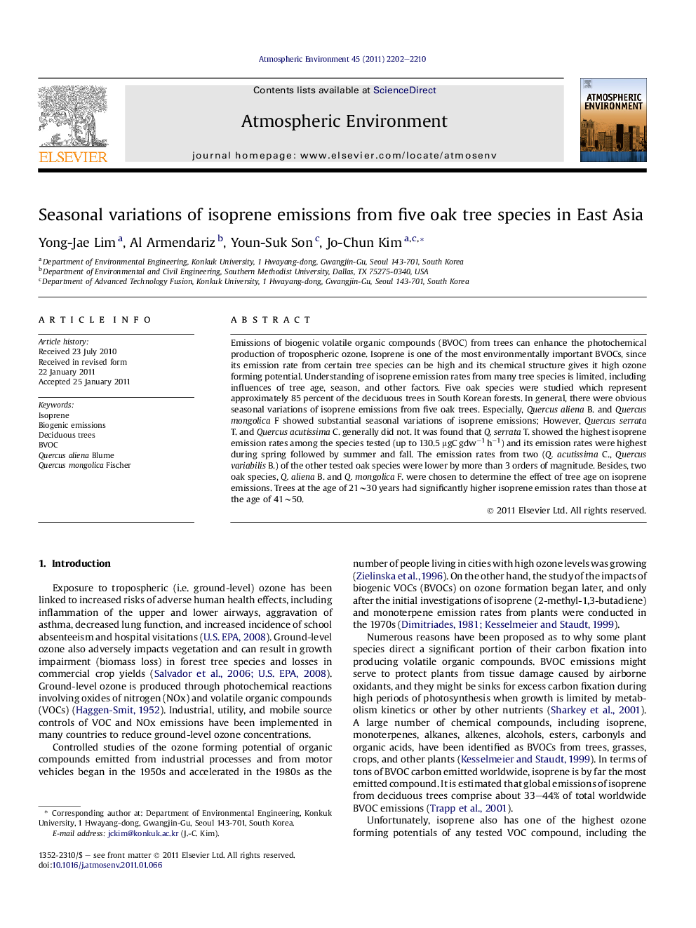 Seasonal variations of isoprene emissions from five oak tree species in East Asia