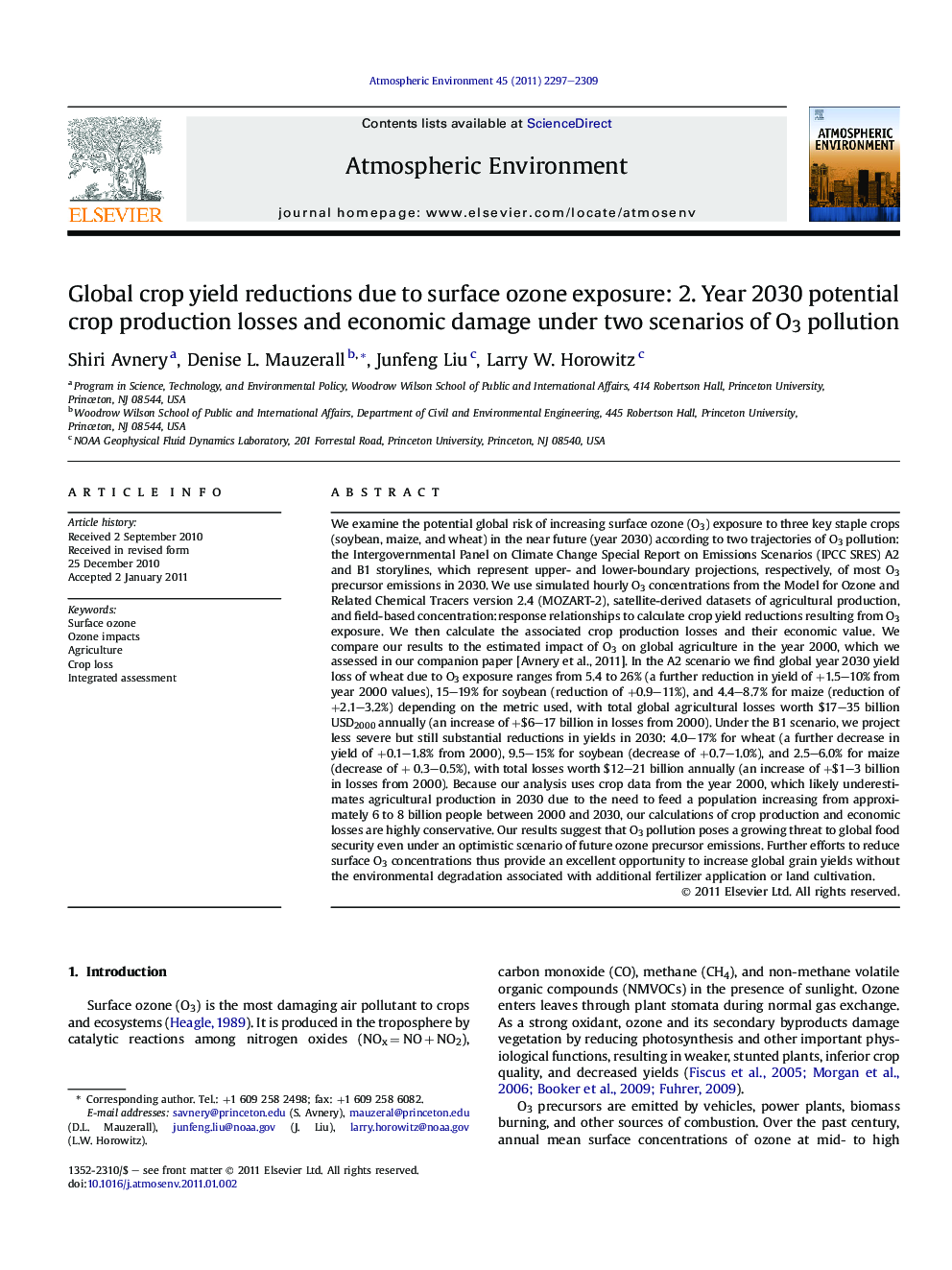 عکس صفحه اول مقاله: Global crop yield reductions due to surface ozone exposure: 2. Year 2030 potential crop production losses and economic damage under two scenarios of O3 pollution Global crop yield reductions due to surface ozone exposure: 2. Year 2030 potential crop production losses and economic damage under two scenarios of O3 pollution
