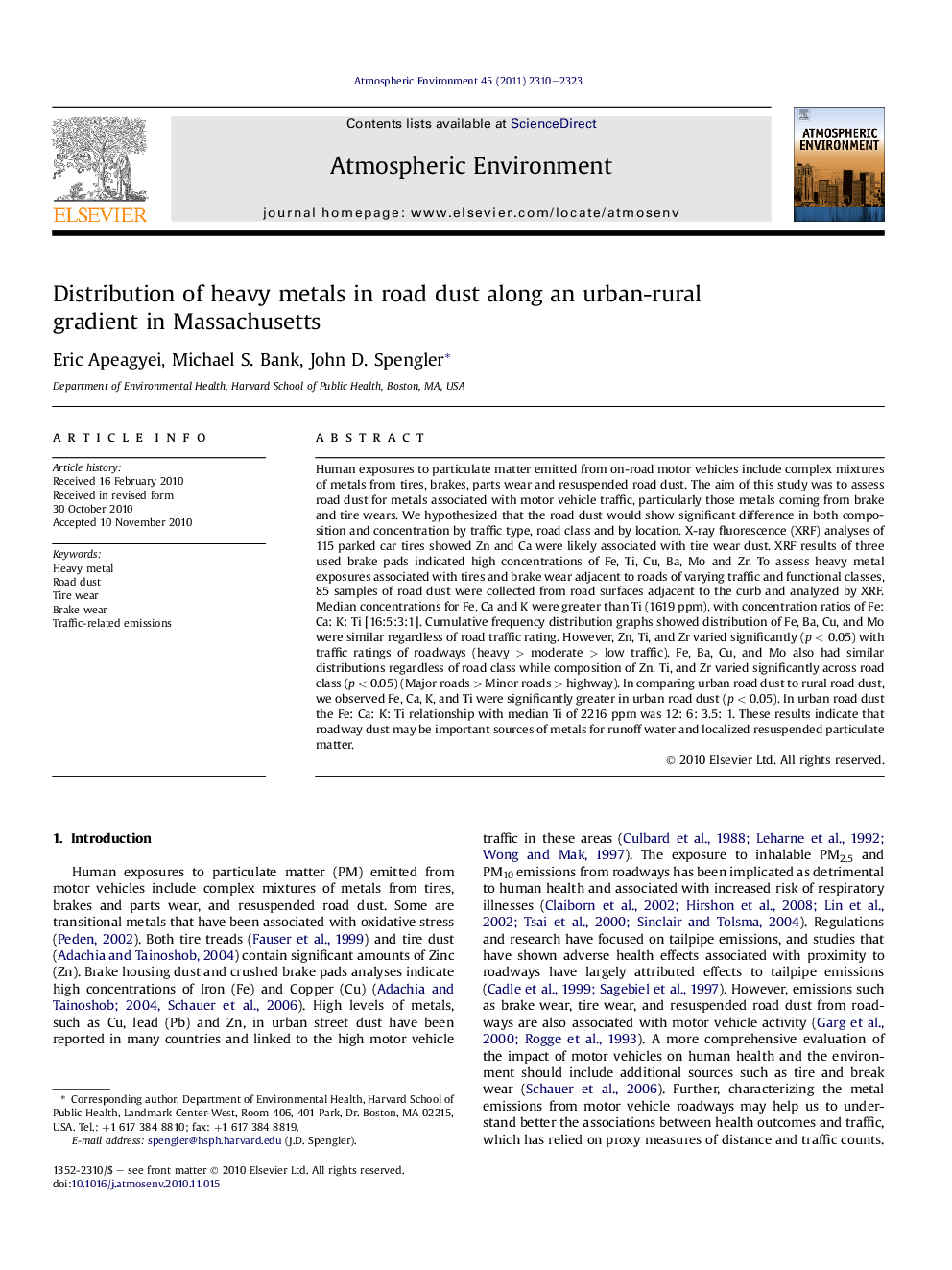 Distribution of heavy metals in road dust along an urban-rural gradient in Massachusetts