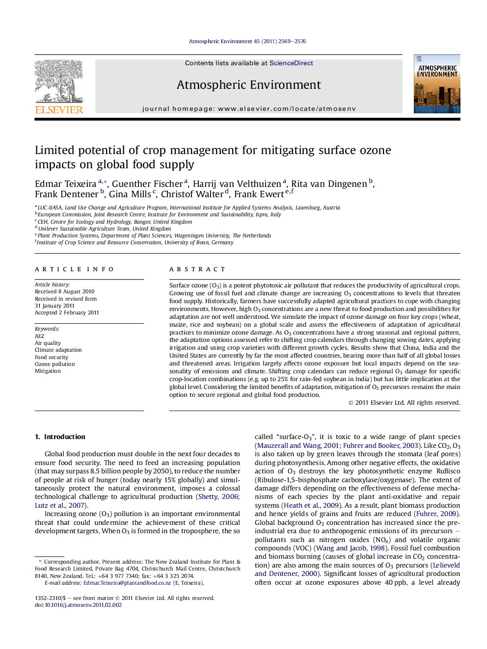 Limited potential of crop management for mitigating surface ozone impacts on global food supply