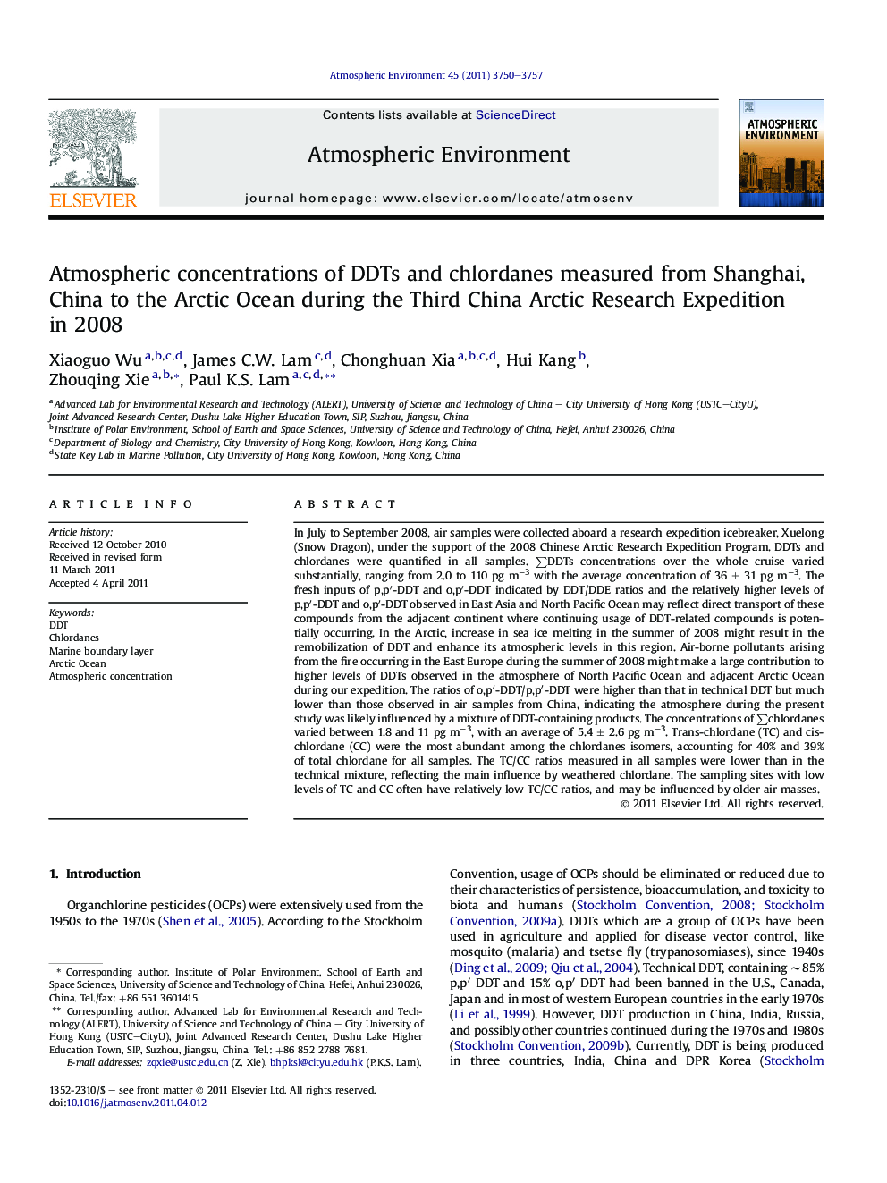 Atmospheric concentrations of DDTs and chlordanes measured from Shanghai, China to the Arctic Ocean during the Third China Arctic Research Expedition in 2008