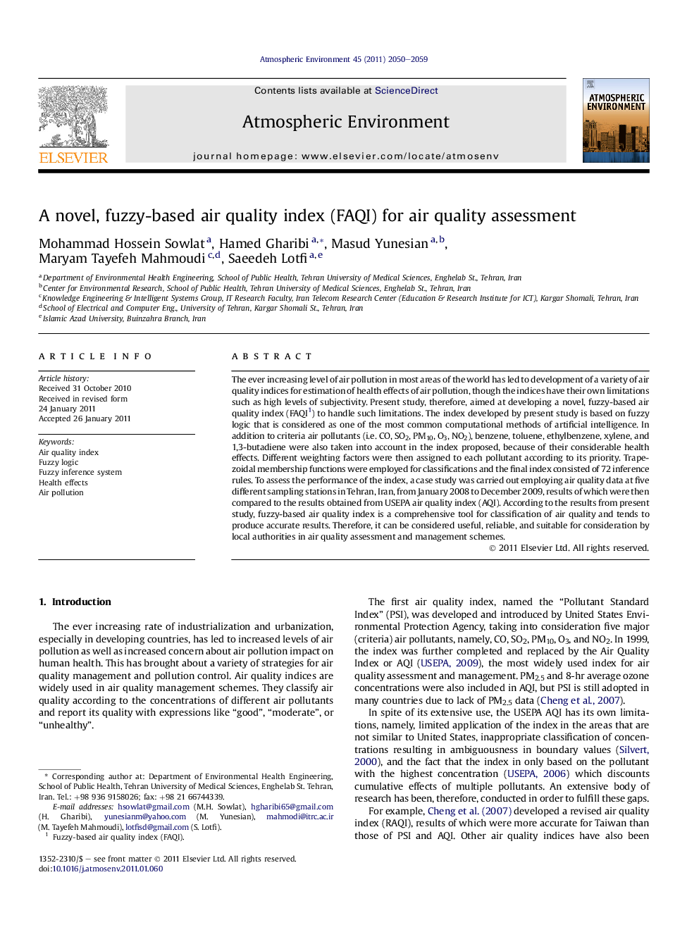 A novel, fuzzy-based air quality index (FAQI) for air quality assessment