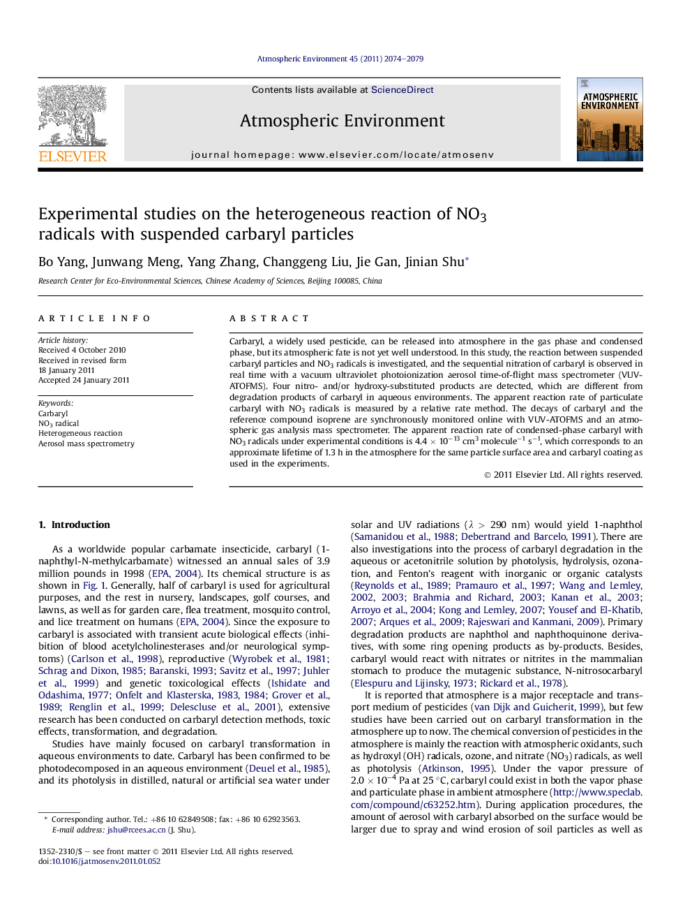 Experimental studies on the heterogeneous reaction of NO3 radicals with suspended carbaryl particles