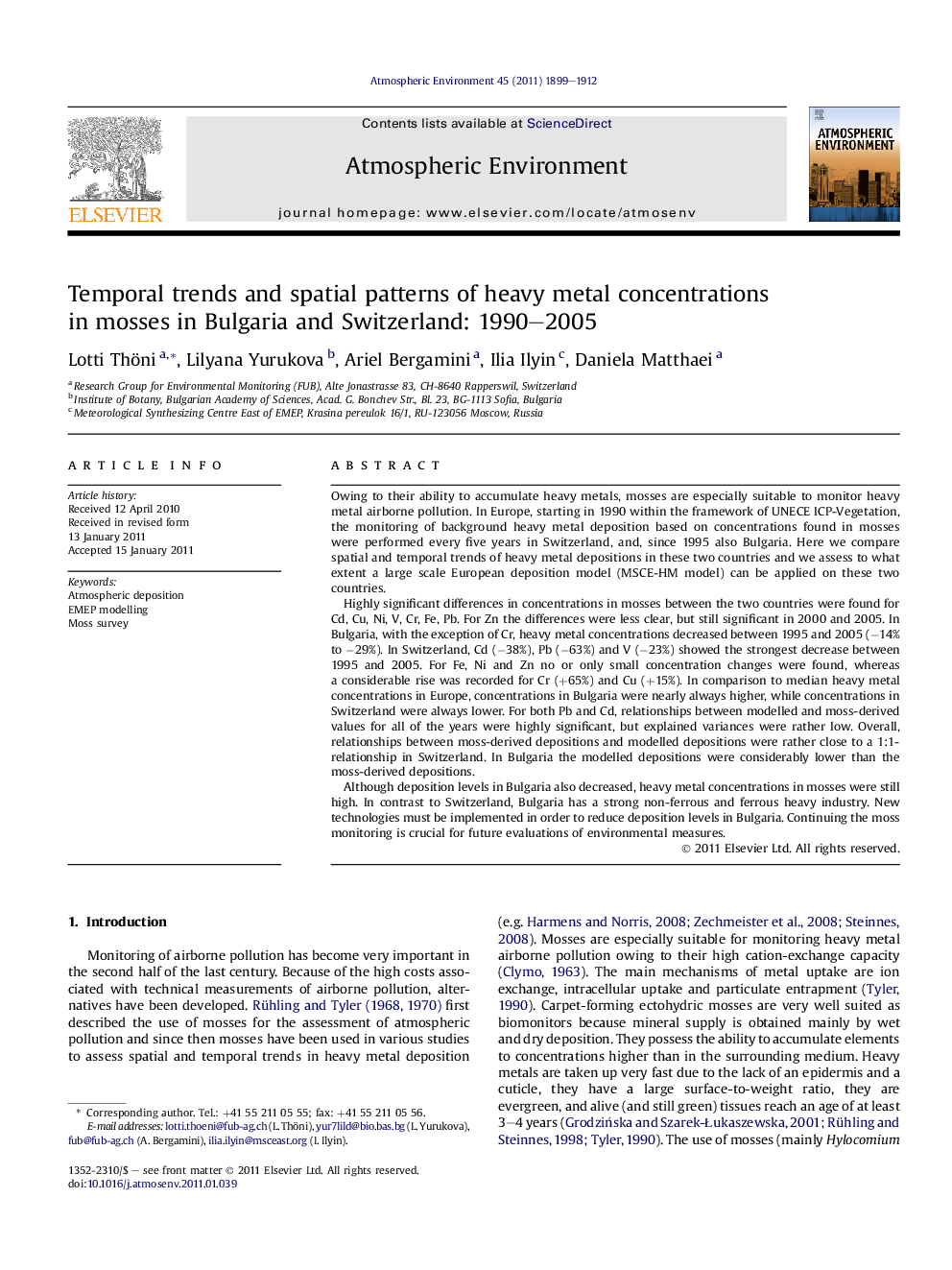 Temporal trends and spatial patterns of heavy metal concentrations in mosses in Bulgaria and Switzerland: 1990–2005