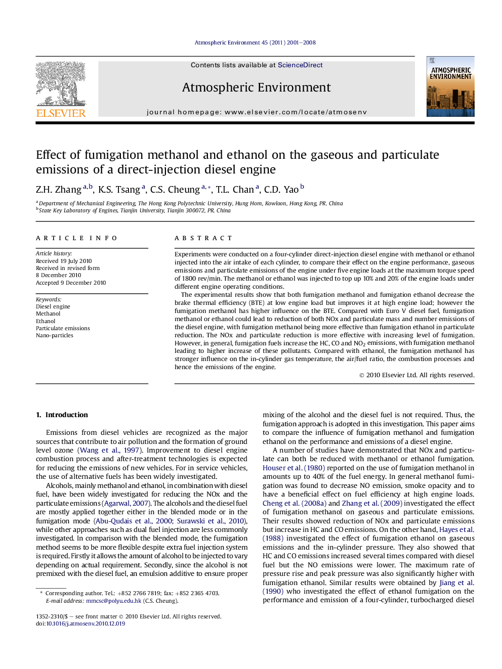 Effect of fumigation methanol and ethanol on the gaseous and particulate emissions of a direct-injection diesel engine